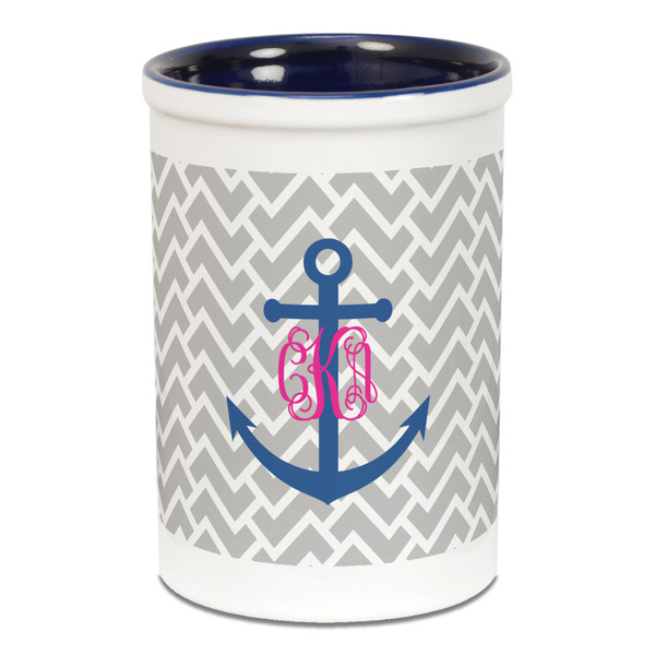 Custom Monogram Anchor Ceramic Pencil Holders - Blue