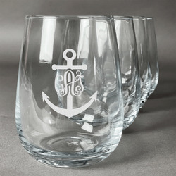 Monogram Anchor Stemless Wine Glasses (Set of 4) (Personalized)
