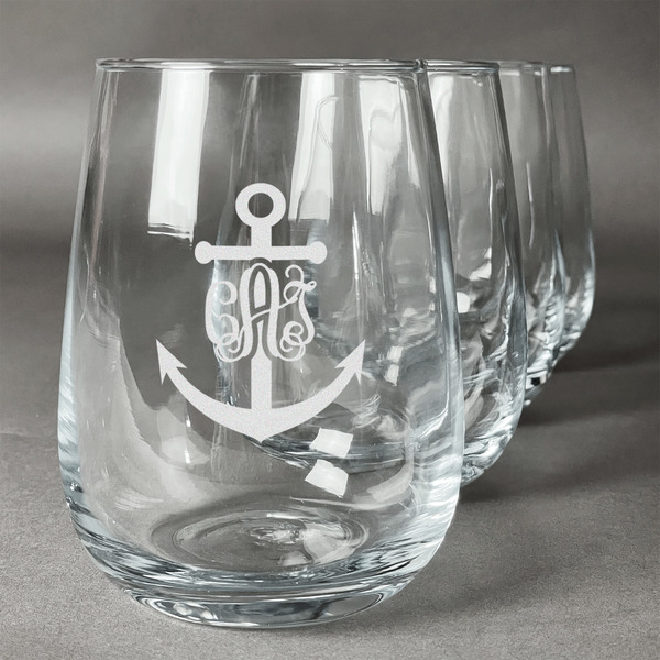 Custom Monogram Anchor Stemless Wine Glasses (Set of 4) (Personalized)