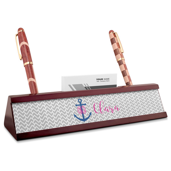 Custom Monogram Anchor Red Mahogany Nameplate with Business Card Holder