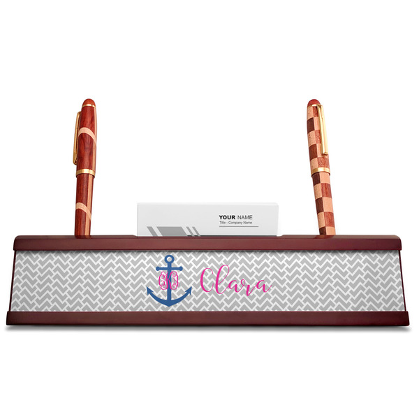 Monogram Anchor Red Mahogany Nameplates with Business Card Holder - Straight