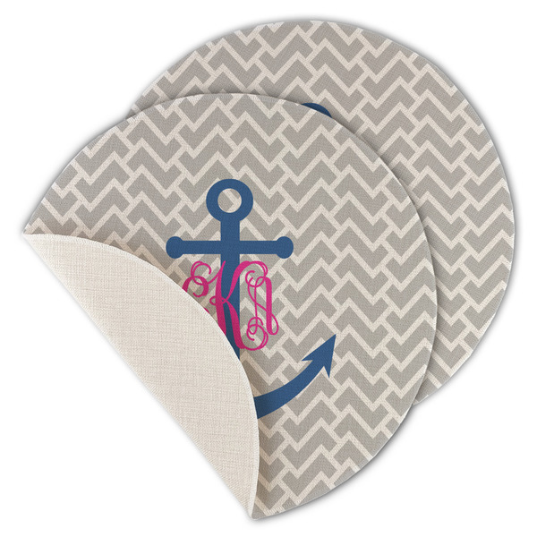Custom Monogram Anchor Round Linen Placemat - Single Sided - Set of 4