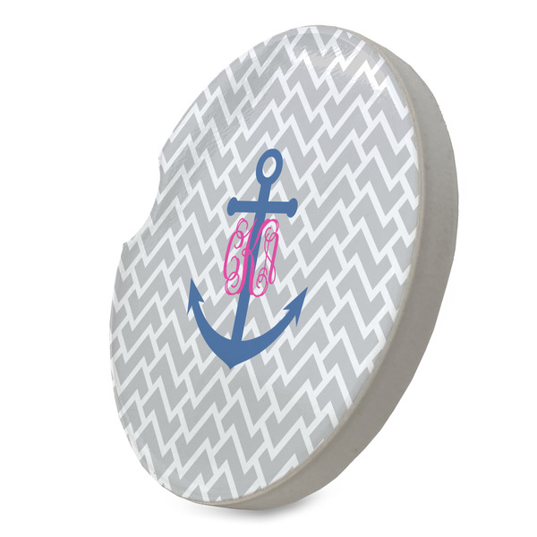 Monogram Anchor Sandstone Car Coaster - STANDING ANGLE