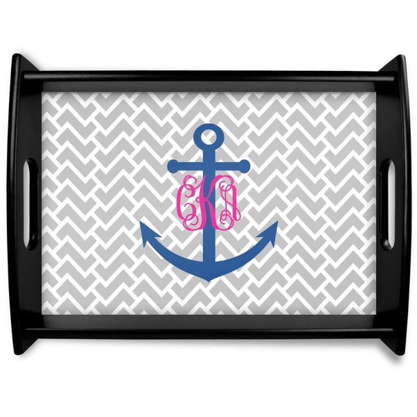 Custom Monogram Anchor Black Wooden Tray - Large (Personalized)