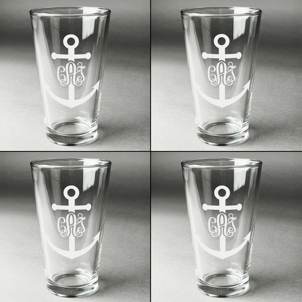 Monogram Anchor Set of Four Engraved Beer Glasses - Individual View