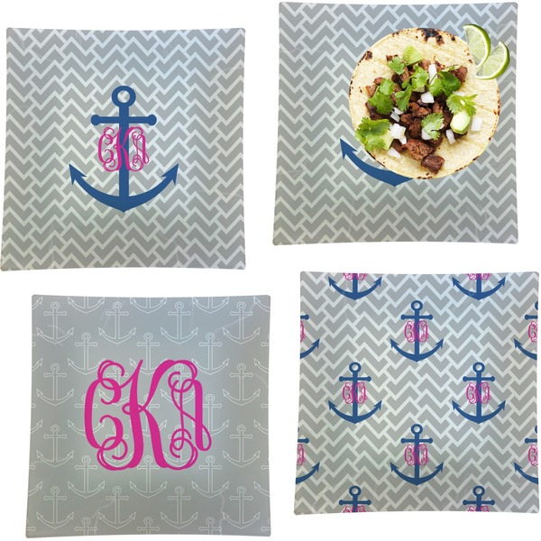 Custom Monogram Anchor Set of 4 Glass Square Lunch / Dinner Plate 9.5" (Personalized)