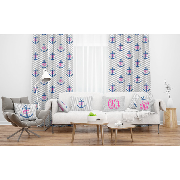 Monogram Anchor Sheer and Custom Curtains in Room with Matching Pillows