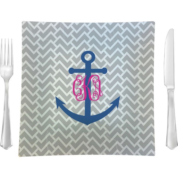 Custom Monogram Anchor 9.5" Glass Square Lunch / Dinner Plate- Single or Set of 4 (Personalized)