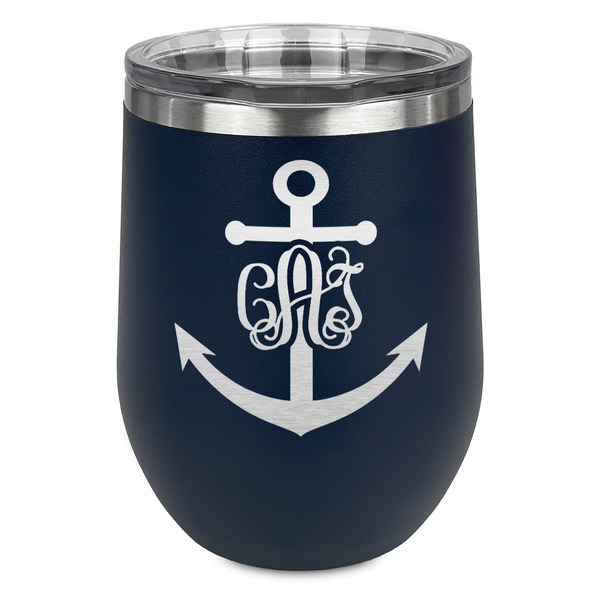 Custom Monogram Anchor Stemless Stainless Steel Wine Tumbler - Navy - Double Sided
