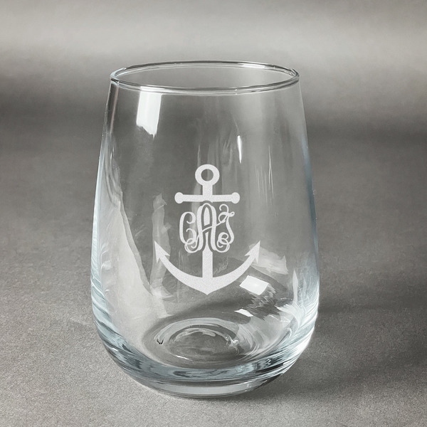 Custom Monogram Anchor Stemless Wine Glass - Engraved