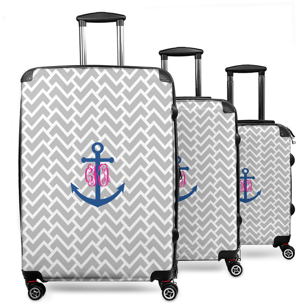 Custom Monogram Anchor 3 Piece Luggage Set - 20" Carry On, 24" Medium Checked, 28" Large Checked