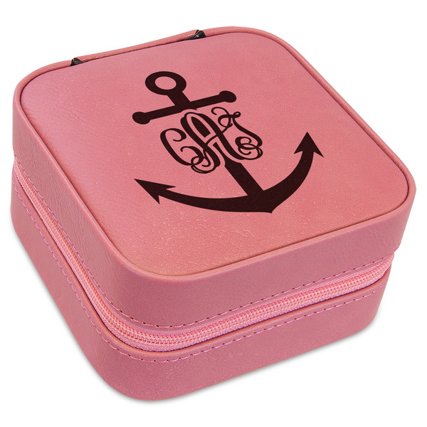 Custom Monogram Anchor Travel Jewelry Boxes - Pink Leather