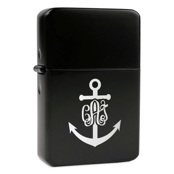 Custom Monogram Anchor Windproof Lighter - Black - Single Sided & Lid Engraved