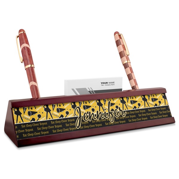 Custom Cheer Red Mahogany Nameplate with Business Card Holder (Personalized)