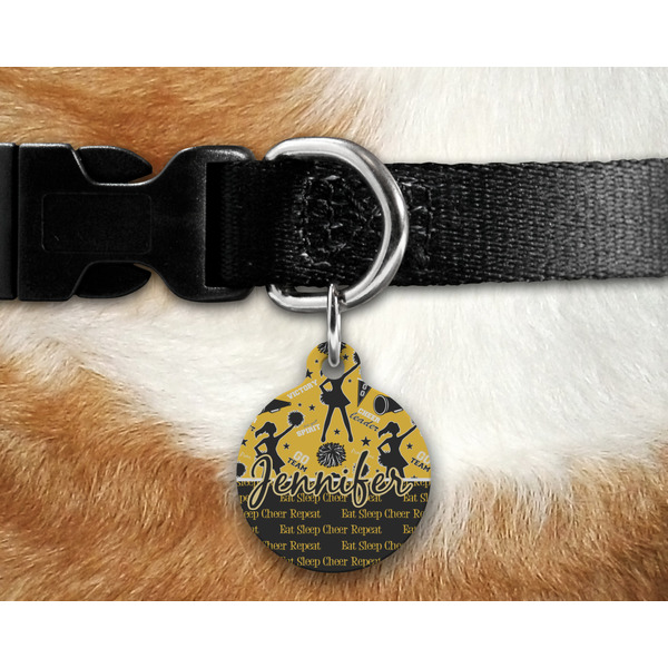 Cheer Round Pet Tag on Collar & Dog