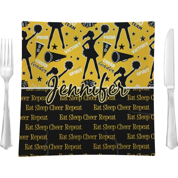 Custom Cheer 9.5" Glass Square Lunch / Dinner Plate- Single or Set of 4 (Personalized)