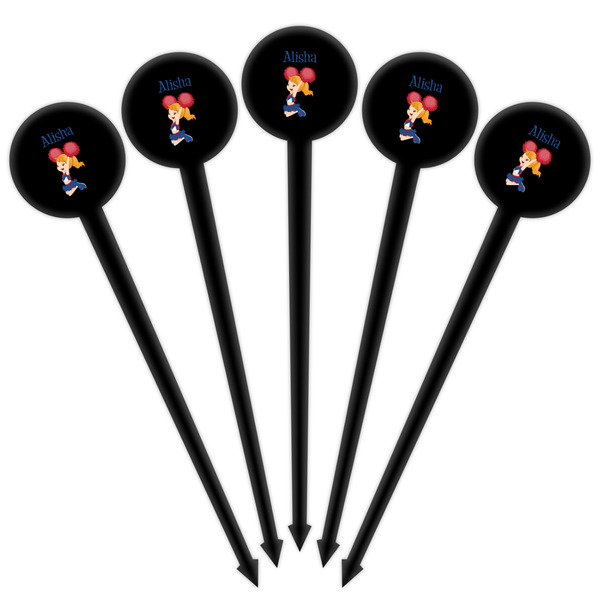 Cheerleader Black Plastic 4" Food Pick - Round - Fan View