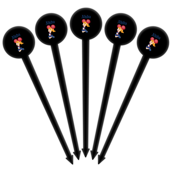Cheerleader Black Plastic 6" Food Pick - Round - Fan View