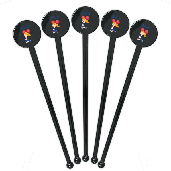 Cheerleader Black Plastic 7" Stir Stick - Round - Fan View