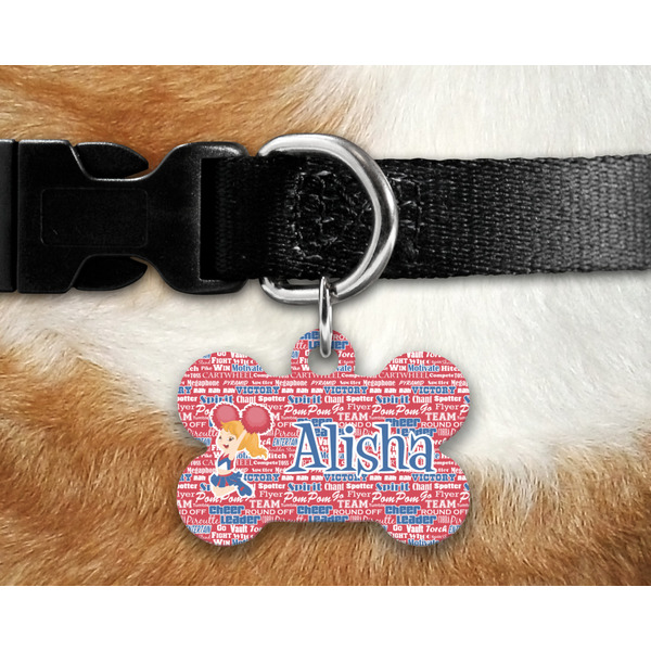 Cheerleader Bone Shaped Dog Tag on Collar & Dog