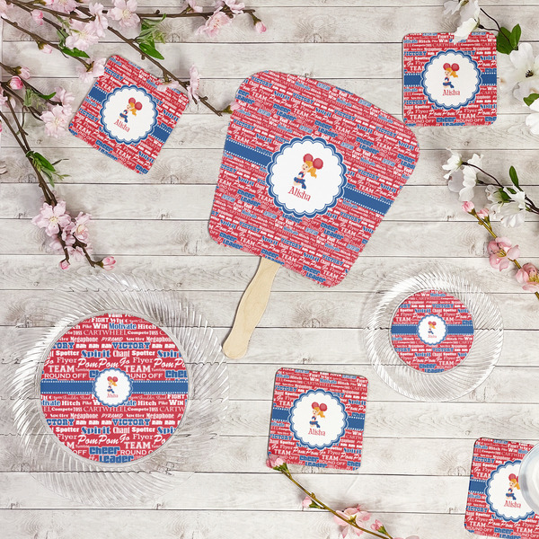 Cheerleader Party Supplies Combination Image - All items - Plates, Coasters, Fans