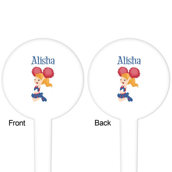 Cheerleader White Plastic 4" Food Pick - Round - Double Sided - Front & Back