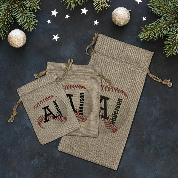 Sports Burlap Gift Bags - LIFESTYLE (Flat lay)