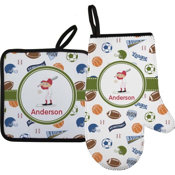 Custom Sports Right Oven Mitt & Pot Holder Set w/ Name or Text