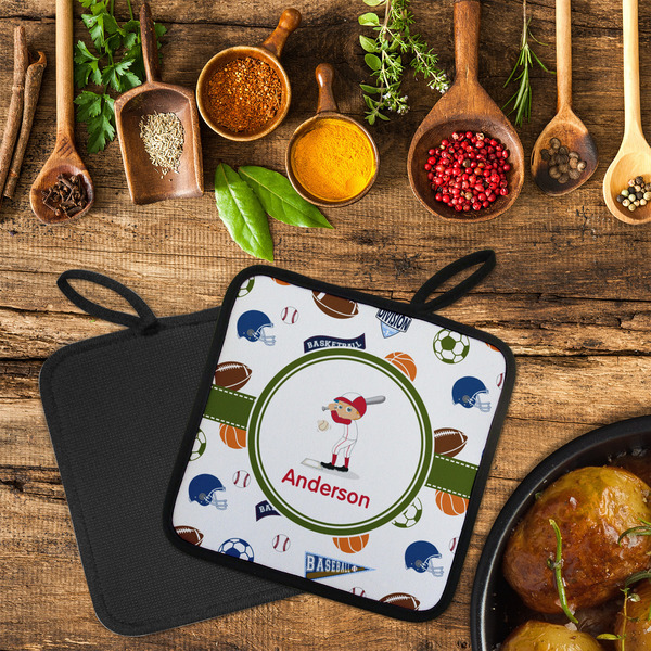 Sports Neoprene Pot Holder - Set of 2  LIFESTYLE (Flatlay)