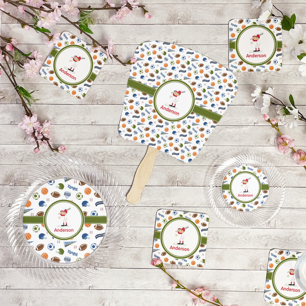 Sports Party Supplies Combination Image - All items - Plates, Coasters, Fans