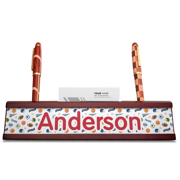 Sports Red Mahogany Nameplates with Business Card Holder - Straight