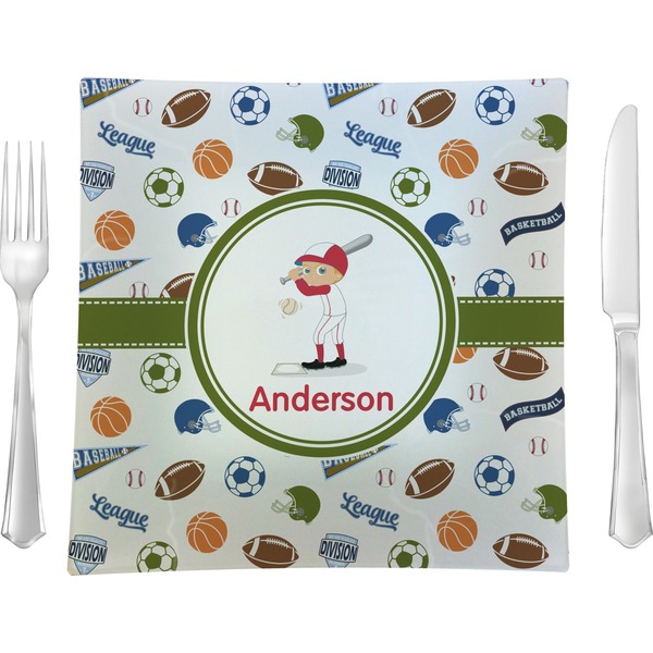 Custom Sports 9.5" Glass Square Lunch / Dinner Plate- Single or Set of 4 (Personalized)