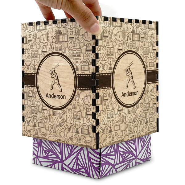 Sports Square Tissue Box Covers - Wood - with box