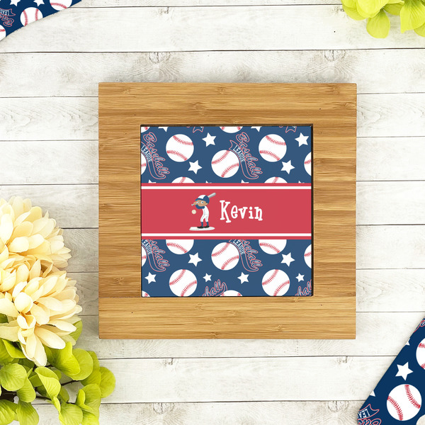 Baseball Bamboo Trivet with 6" Tile - LIFESTYLE