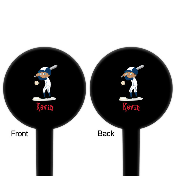 Baseball Black Plastic 4" Food Pick - Round - Double Sided - Front & Back
