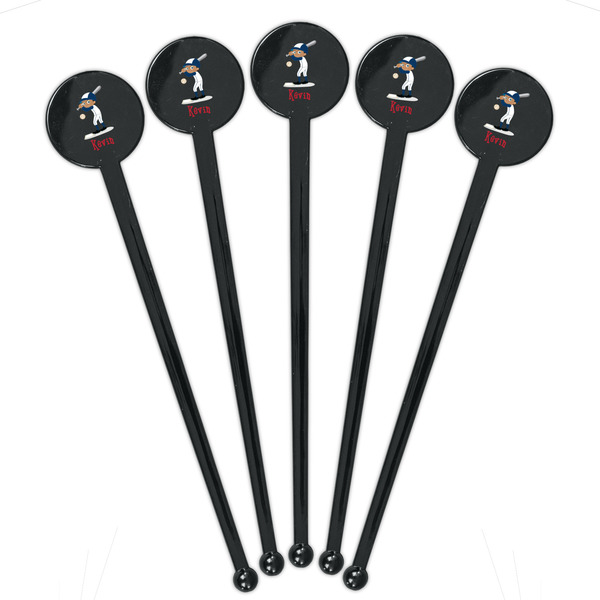 Baseball Black Plastic 7" Stir Stick - Round - Fan View