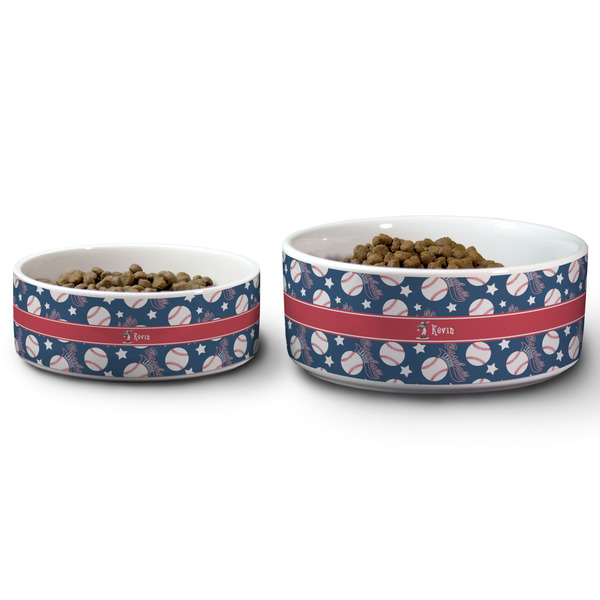 Baseball Ceramic Dog Bowls - Size Comparison