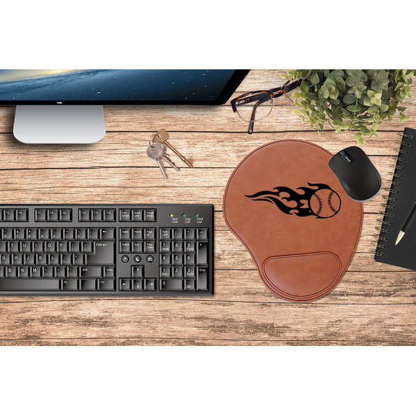 Baseball Cognac Leatherette Mousepad with Wrist Support - Lifestyle Image