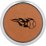 Baseball Leatherette Round Coaster w/ Silver Edge - Single or Set