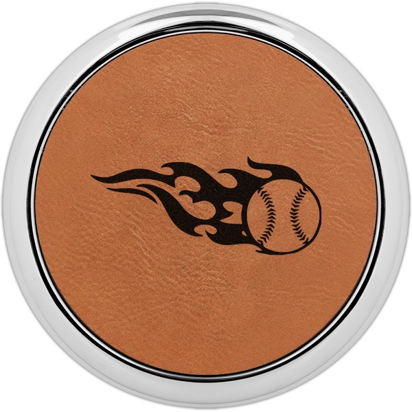 Custom Baseball Leatherette Round Coaster w/ Silver Edge