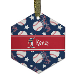 Baseball Flat Glass Ornament - Hexagon w/ Name or Text