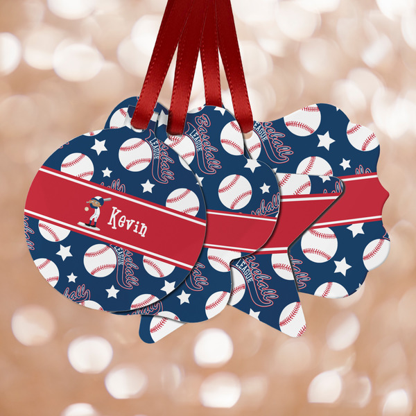 Custom Baseball Metal Ornaments - Double Sided w/ Name or Text