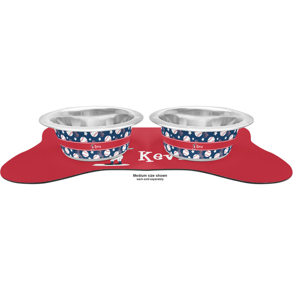 Baseball Metal Pet Bowls - On Dog Bone Shaped Mat