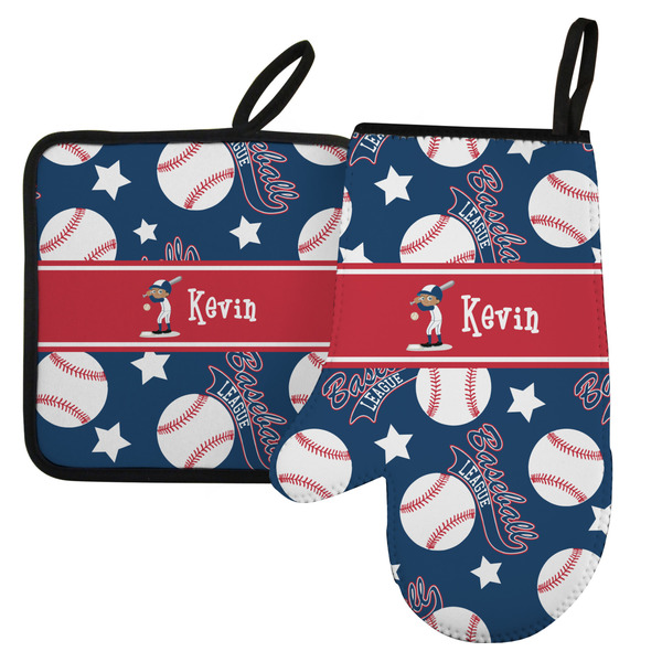 Custom Baseball Left Oven Mitt & Pot Holder Set w/ Name or Text