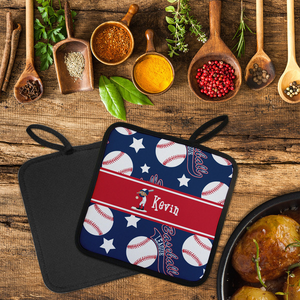 Baseball Neoprene Pot Holder - Set of 2  LIFESTYLE (Flatlay)