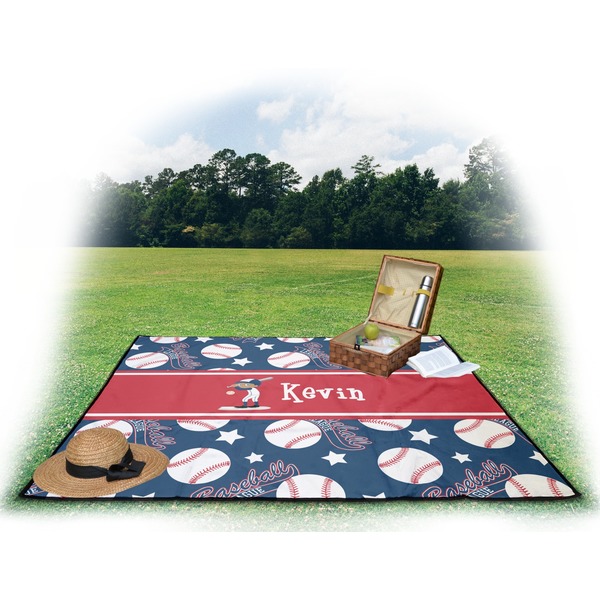 Baseball Picnic Blanket - with Basket Hat and Book - in Use