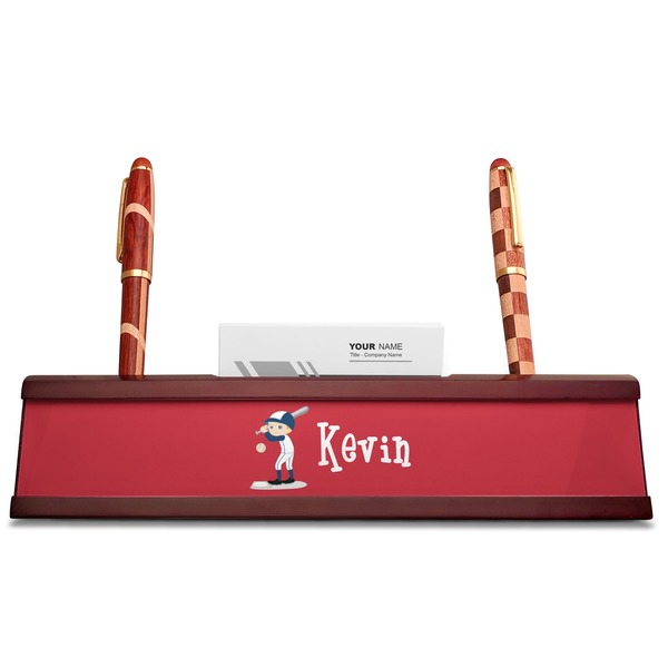 Baseball Red Mahogany Nameplates with Business Card Holder - Straight