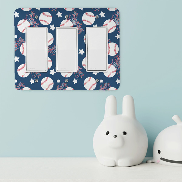 Baseball Rocker Light Switch Covers - Triple - IN CONTEXT