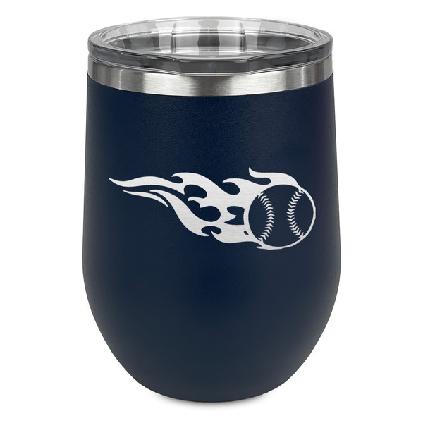 Custom Baseball Stemless Stainless Steel Wine Tumbler - Navy - Double Sided (Personalized)
