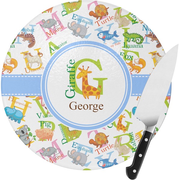 Custom Animal Alphabet Round Glass Cutting Board - Small (Personalized)